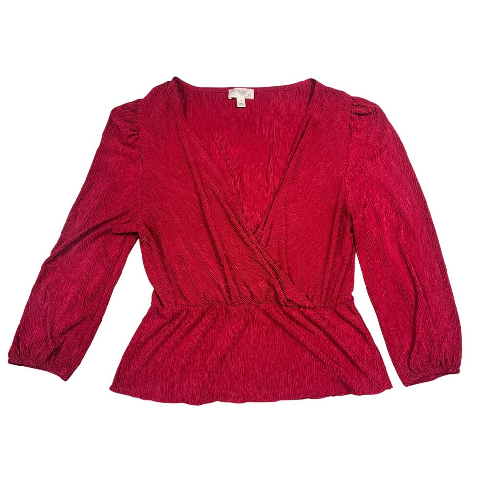 Red Crinkle Plissé Peplum Blouse Surplice Bishop Sleeve Party Large Coquette - Picture 2 of 15